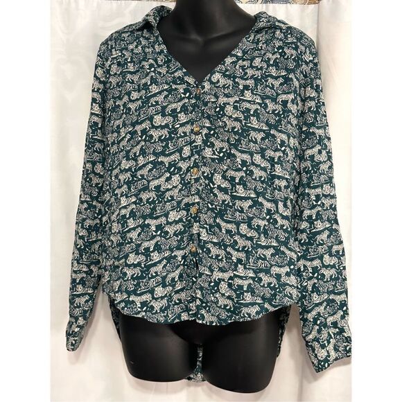 Great Condition Maeve Anthropologie Emory Tiger Teal (green) & Cream Button Up B - Picture 1 of 6